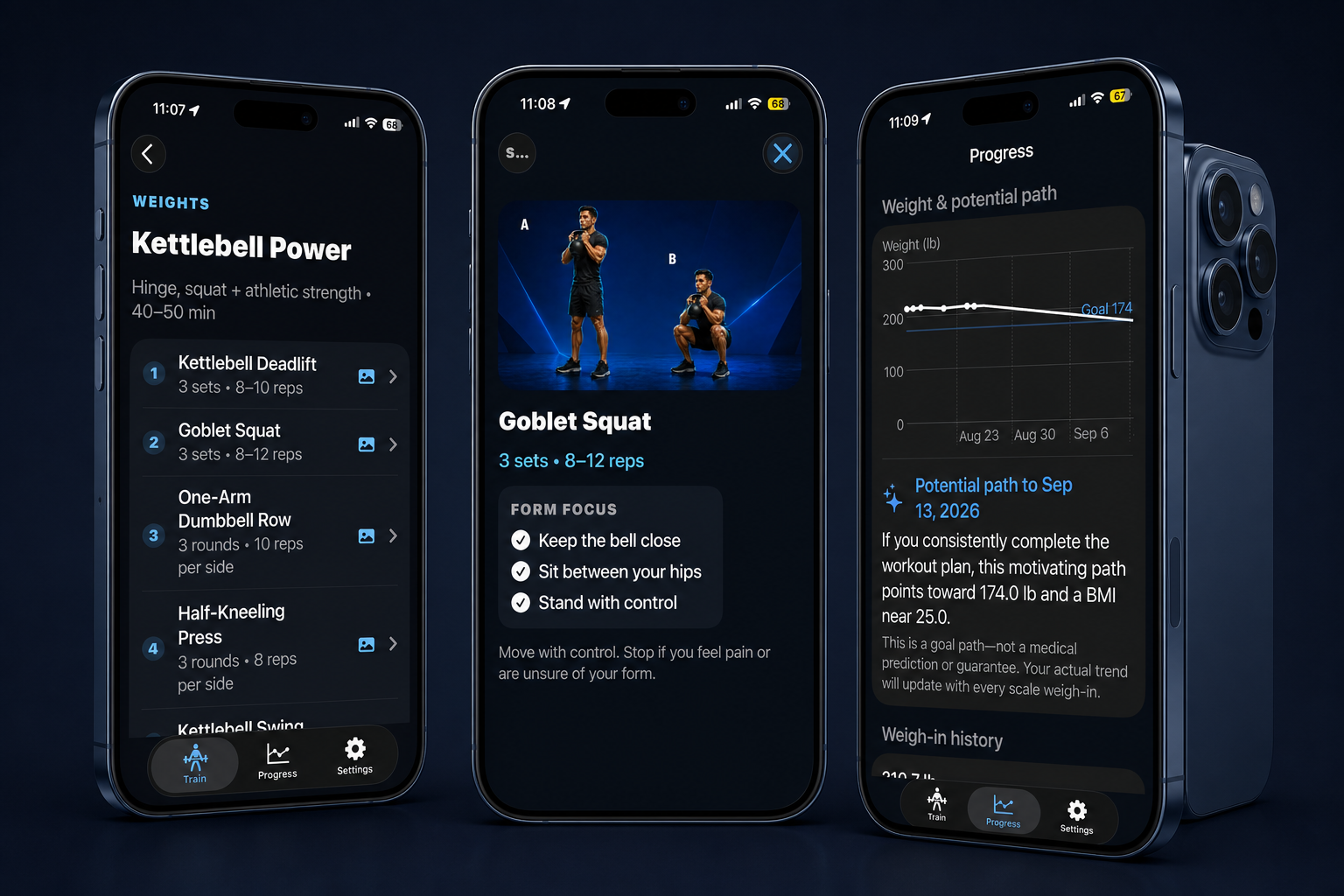 Three iPhone 17 Pro devices displaying Iron Arc's workout plan, coaching, and progress features